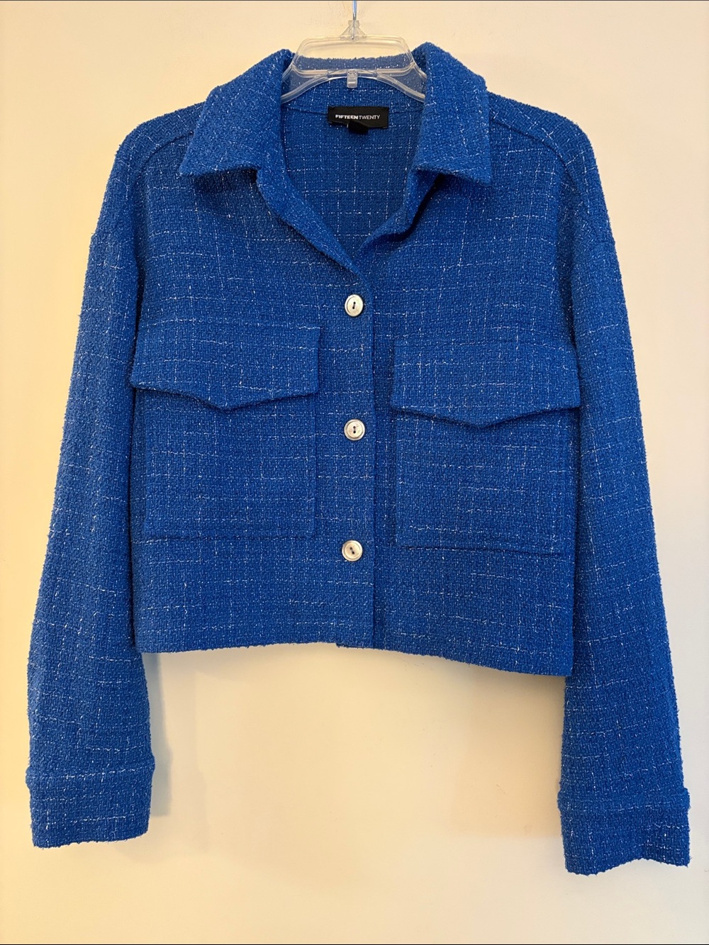 Fifteen Twenty Woman’s Royal Blue Tweed Cropped Oversized Jacket, size Small‎